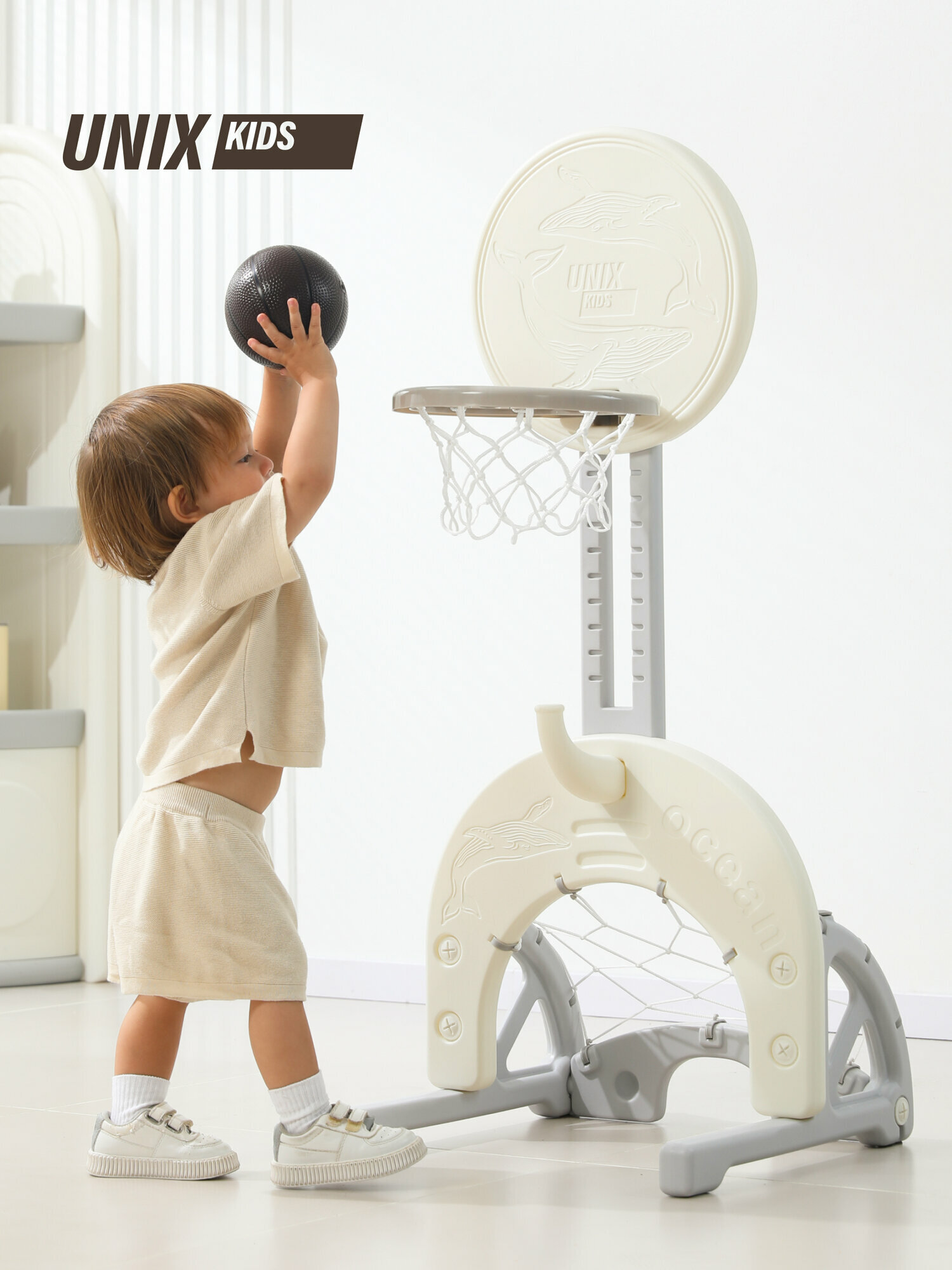 Игровой комплекс UNIX Kids Ocean 4 в 1 для дома и улицы: баскетбольная стойка хоккейные и футбольные ворота кольцеброс