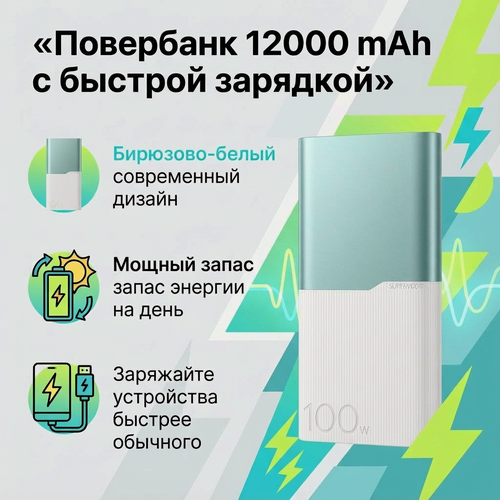 Изображение товара Внешний аккумулятор на 12000 mAh / Powerbank (Повербанк) 100W / Портативный. аккумулятор с быстрой зарядкой