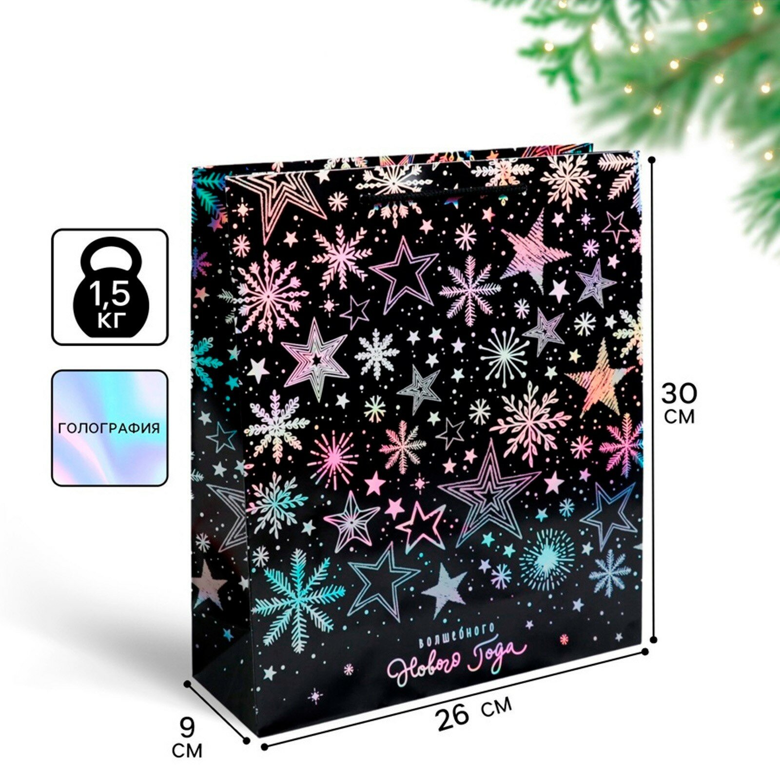 Пакет подарочный голографический новогодний «Волшебного Нового года», M 26×30×9 см
