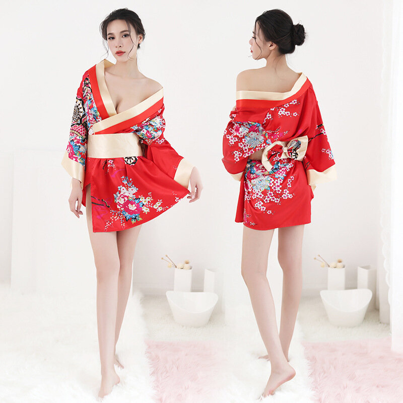 Японская ретро-пижама из ледяного шелка в стиле кимоно для женщин, летнее сексуальное нижнее белье, униформа для косплея, шелковая домашняя одежда. Красная.