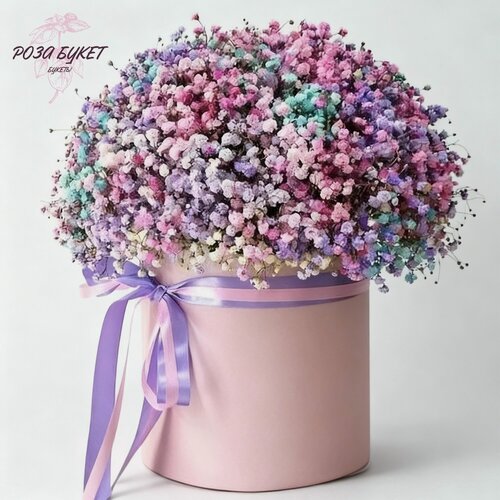 Изображение товара Букет цветов, букет из 9 Гипсофил в шляпной коробке, монобукет, долгий букет