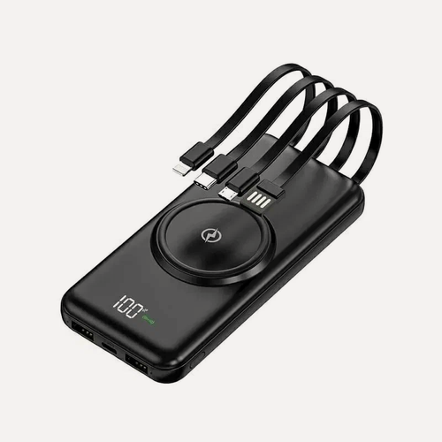 Изображение товара Повербанк 20000 mAh с беспроводной зарядкой и встроенными кабелями lightning, USB, USB Type-c, microUSB