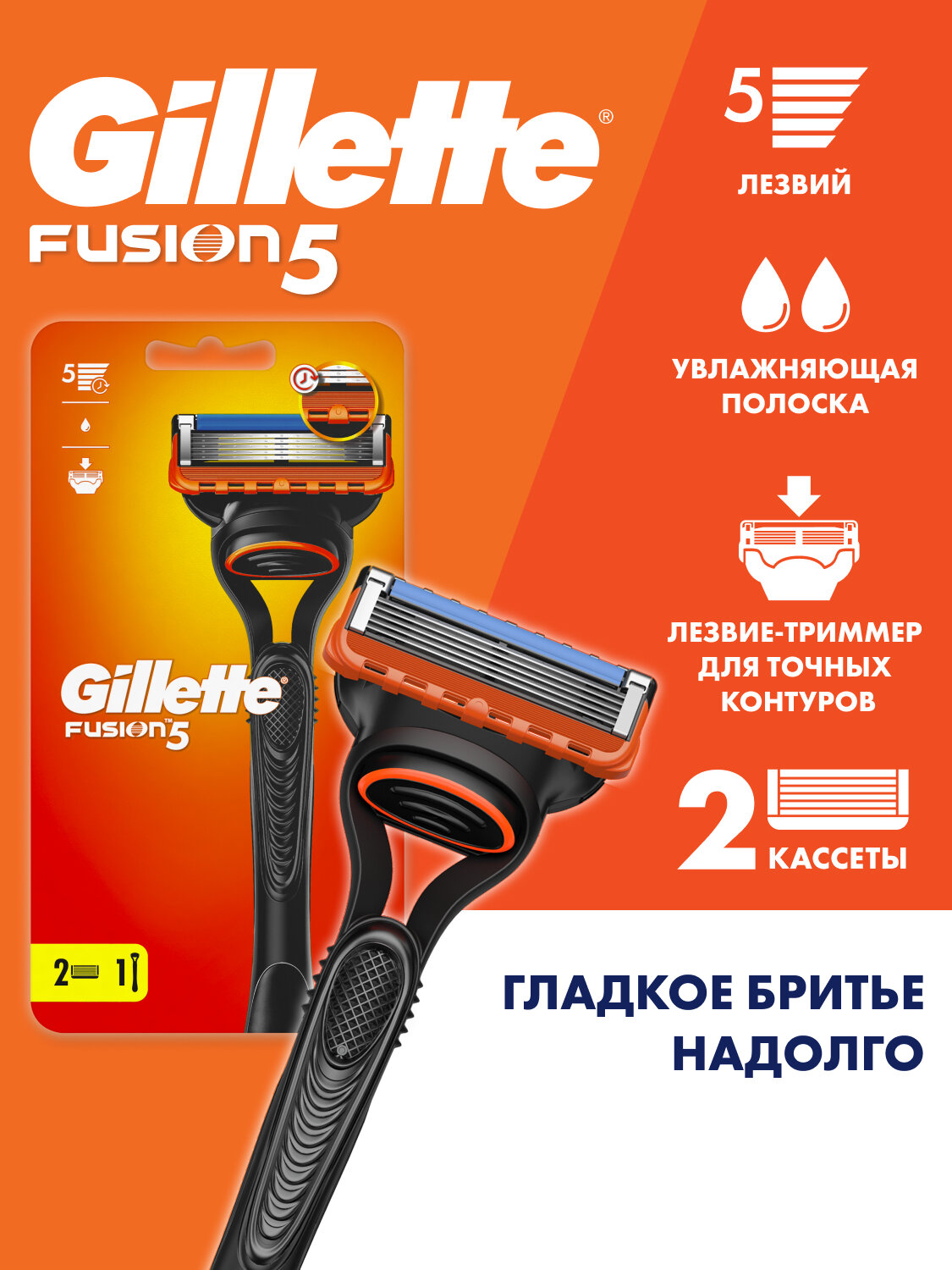 Gillette Fusion5 Мужская Бритва , 2 кассеты, с 5 лезвиями, с уменьшающими трение лезвиями, с точным триммером