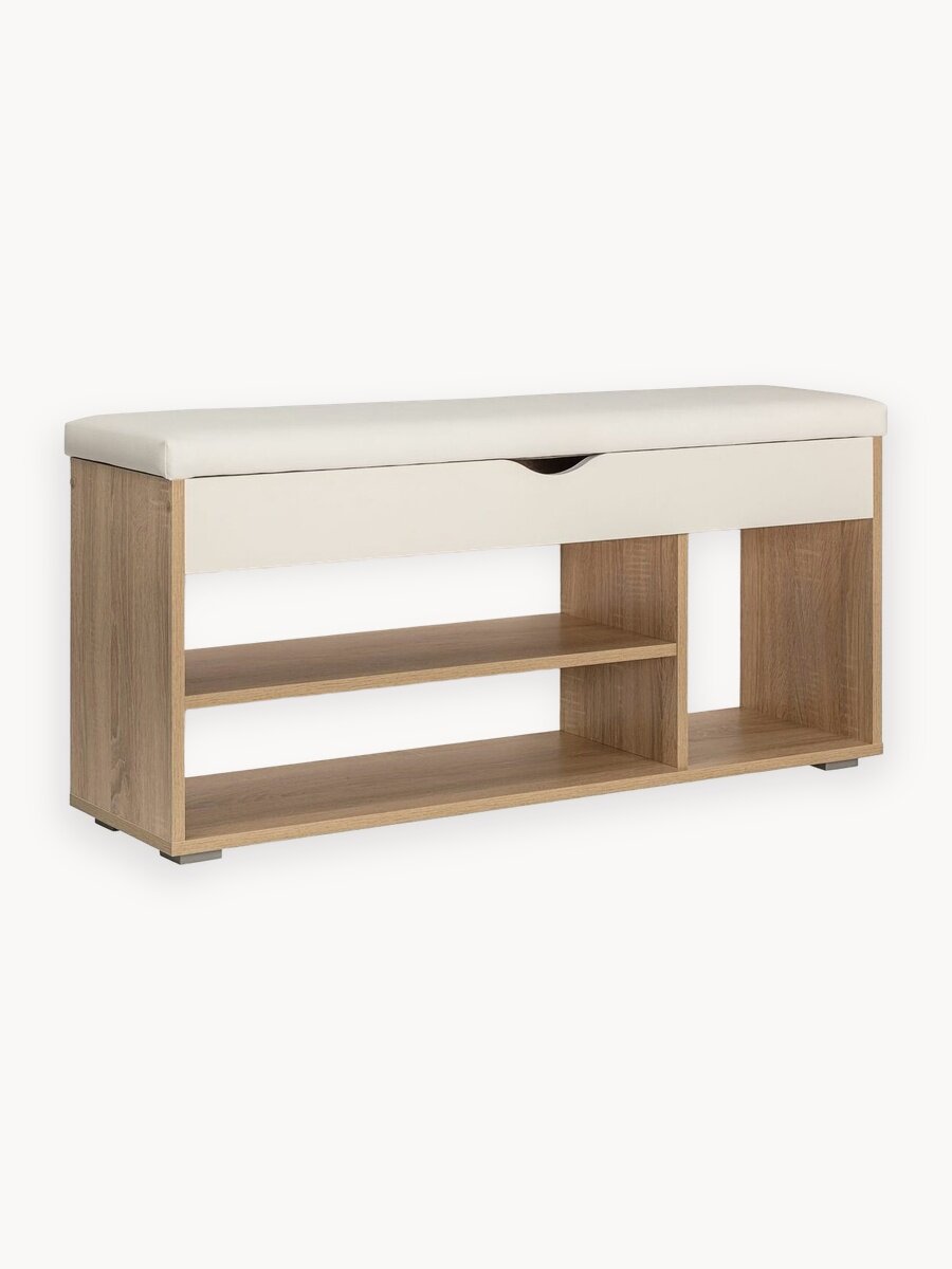 Обувница Лайт 08.58 Дуб сонома с сиденьем и ящиком, пуфик с полками для обуви, низкая подставка под обувь в прихожую