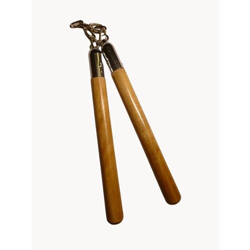 Нунчаки тренировочные 30см деревянные из натурального целого бруса покрытые лаком со стальной цепью и стальными креплениями на шурупах с вращением основания цепи