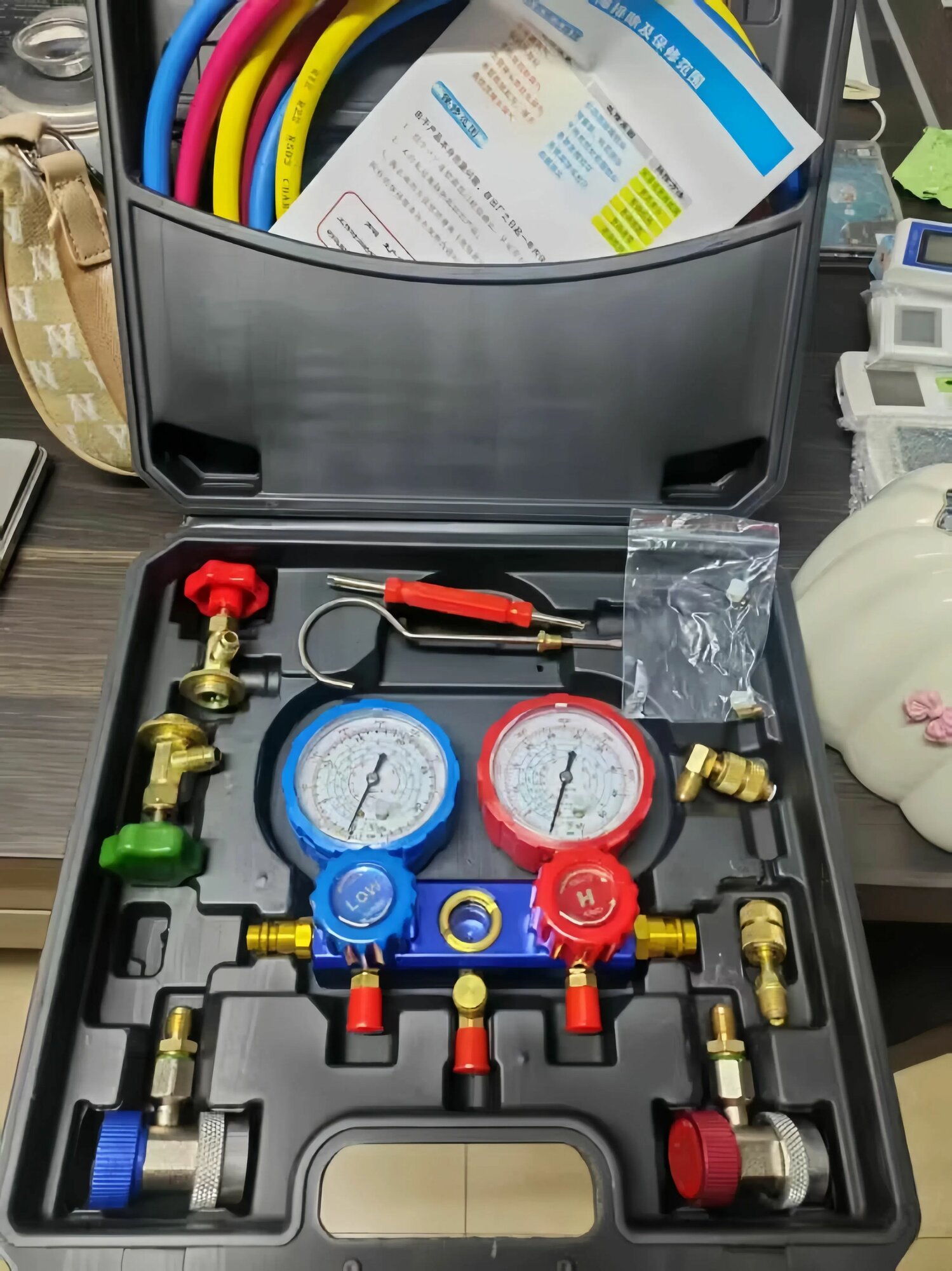 R410, R404, R134a, R22 freon коллектор давления, двойной клапан, адаптер в случае 3 шлангов 150см /