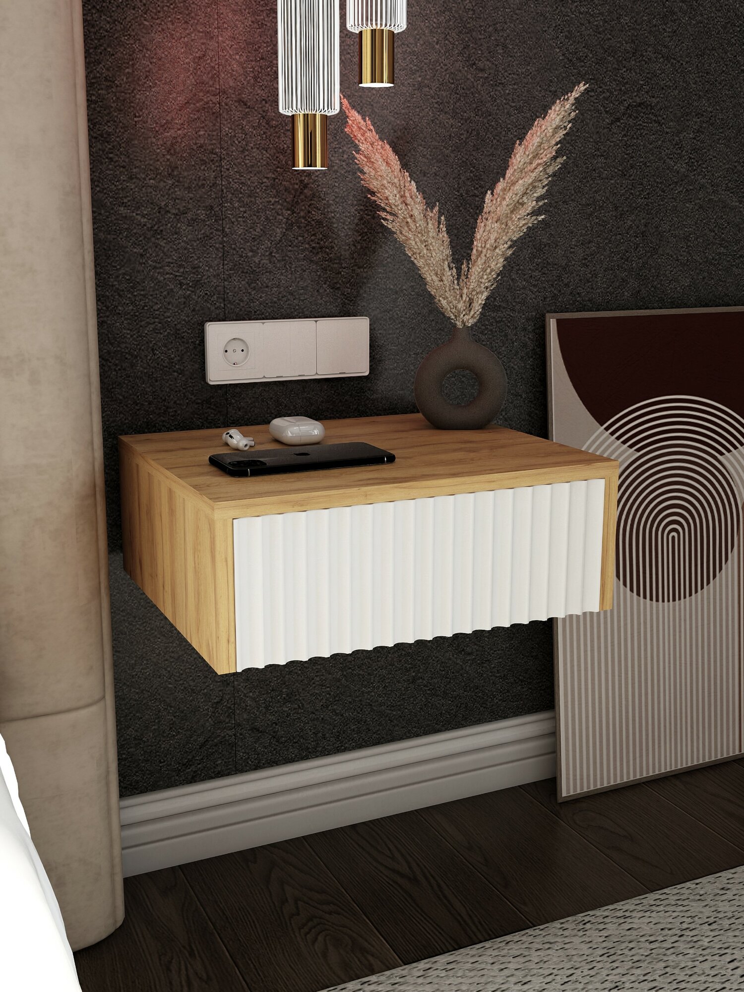 Тумба прикроватная, ЛДСП, МДФ, дуб золотистый, подвесная, 40x35x15 см — фото 1