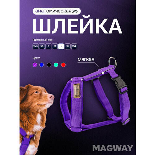 фото Шлейка прогулочная на мягкой подкладке из неопрена magway, фиолетовый, размер l, для мелких, средних и крупных пород, анатомически правильная