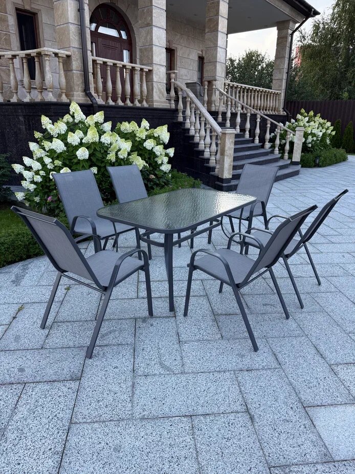Непромокаемый комплект мебели Full Comfort - GENOVA (обеденный стол 6 кресел) на металлическом каркасе серый