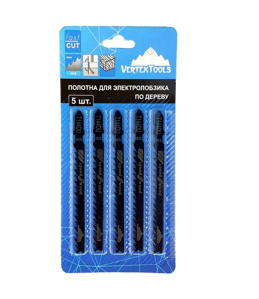 Пилки VertexTools T144DU для лобзика по дереву T-образные 6 TPI 5шт