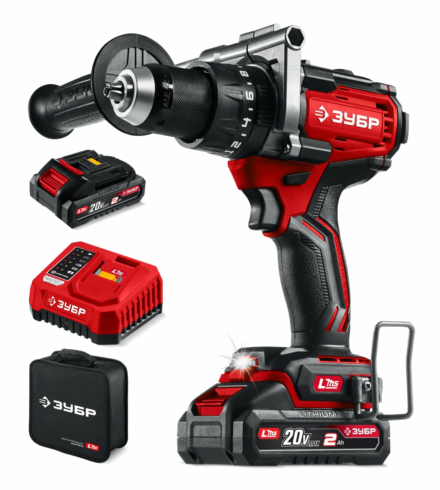 ЗУБР 20 В, 165 Н·м, 2 АКБ LMS (2 А·ч), бесщеточная ударная дрель-шуруповерт, сумка (ДБУ-165-22)
