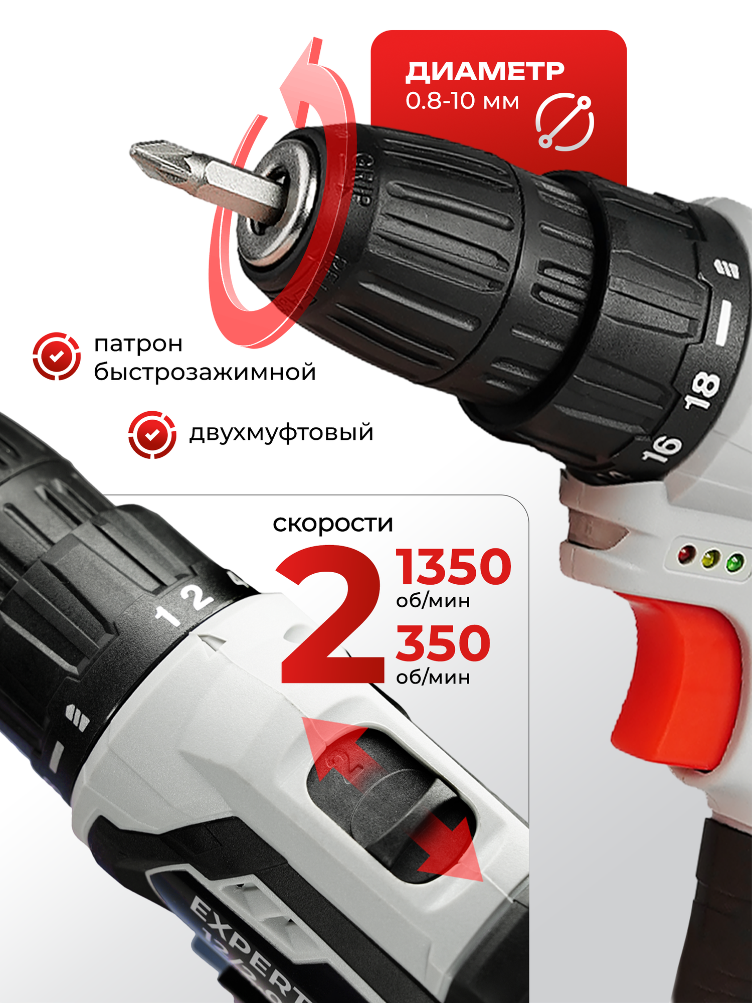 Аккумуляторный шуруповерт Electrolite Expert 12/2.0 (кейс, быстрозажимной патрон) — фото 1