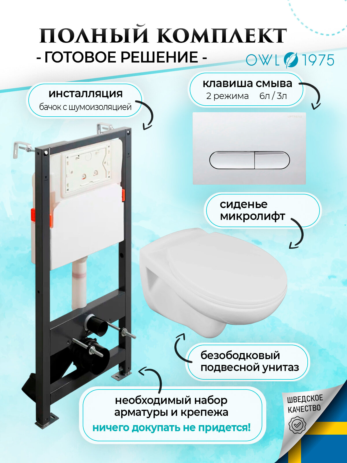 Инсталляция с унитазом комплект 4 в 1 OWL 1975 Fredo безободковый+IN-005.02 кнопка хром глянцевая+IN-500G