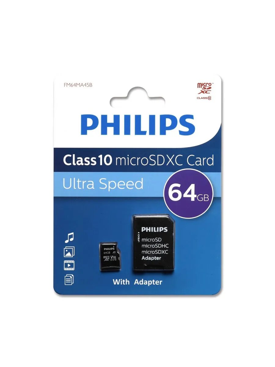64Gb - Philips Micro Secure Digital XC Class 10 FM64MA45B/97 с переходником под SD