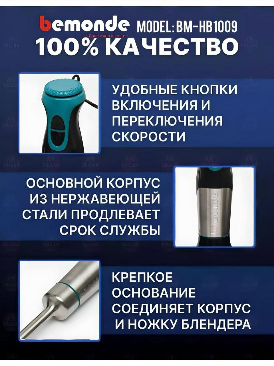 Погружной блендер 3+1 Bemonde BM-HB1009, 1200 Вт, 2 скорост+контрол с чоппер болышой — фото 1