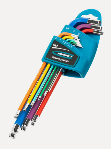 Изображение товара Набор ключей имбусовых Gross HEX 1, 5–10 мм, S2, 9 шт, магнит, экстра-длин. с шаром, хром/краска 16400