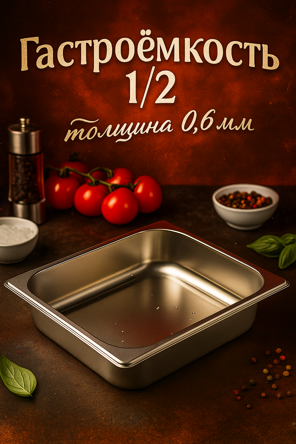 Гастроемкость 1/2 из нержавеющей стали, 65 мм, 32,5×26,5×6,5 см, толщина 0,8 мм