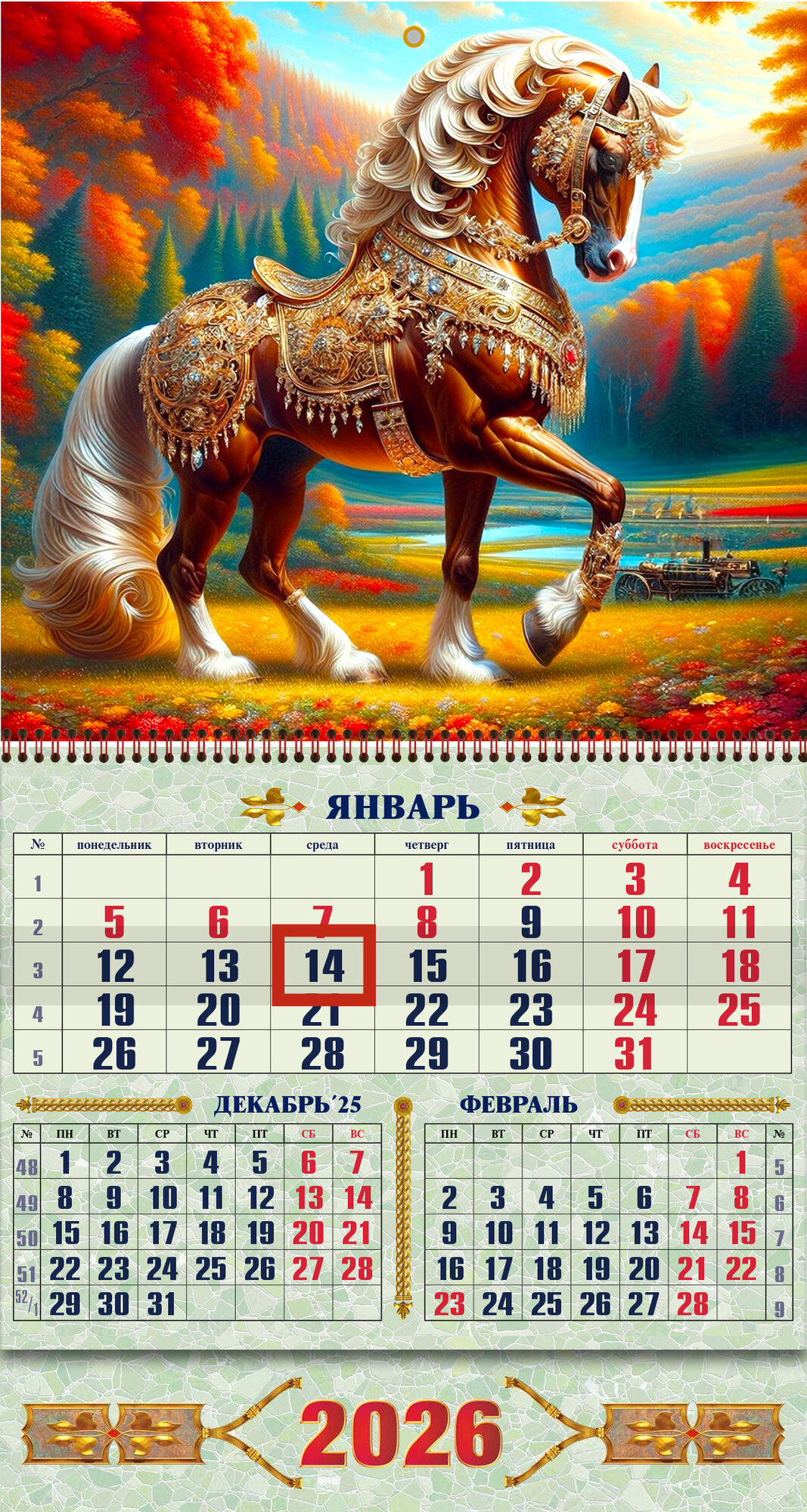 Календарь настенный 2026 Символ года квартальный одноблочный 300х600 мм
