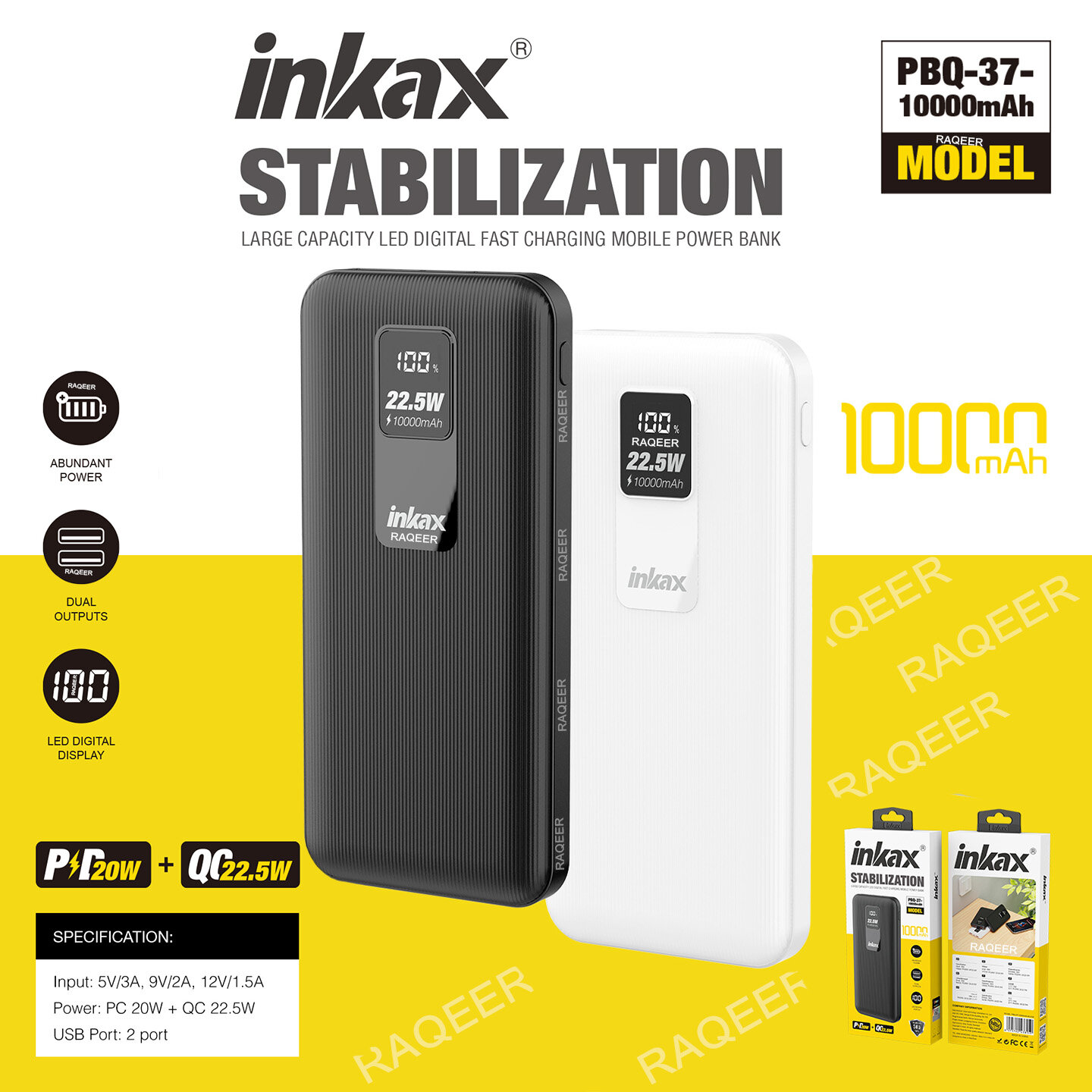 Внешний аккумулятор Inkax "PBQ37", 10000 мА/ч, быстрая зарядка, черный