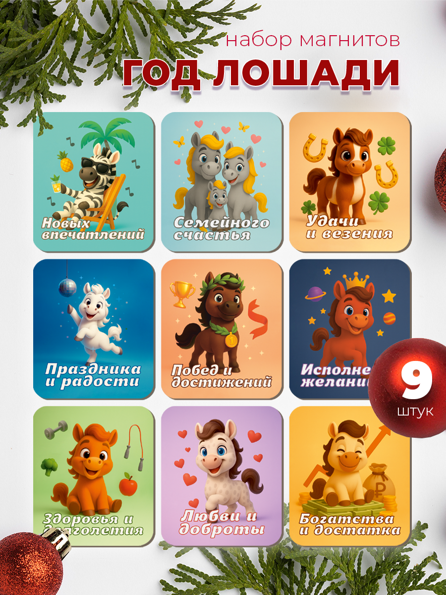 Новогодние магниты на холодильник символ года Лошади 2026 подарок