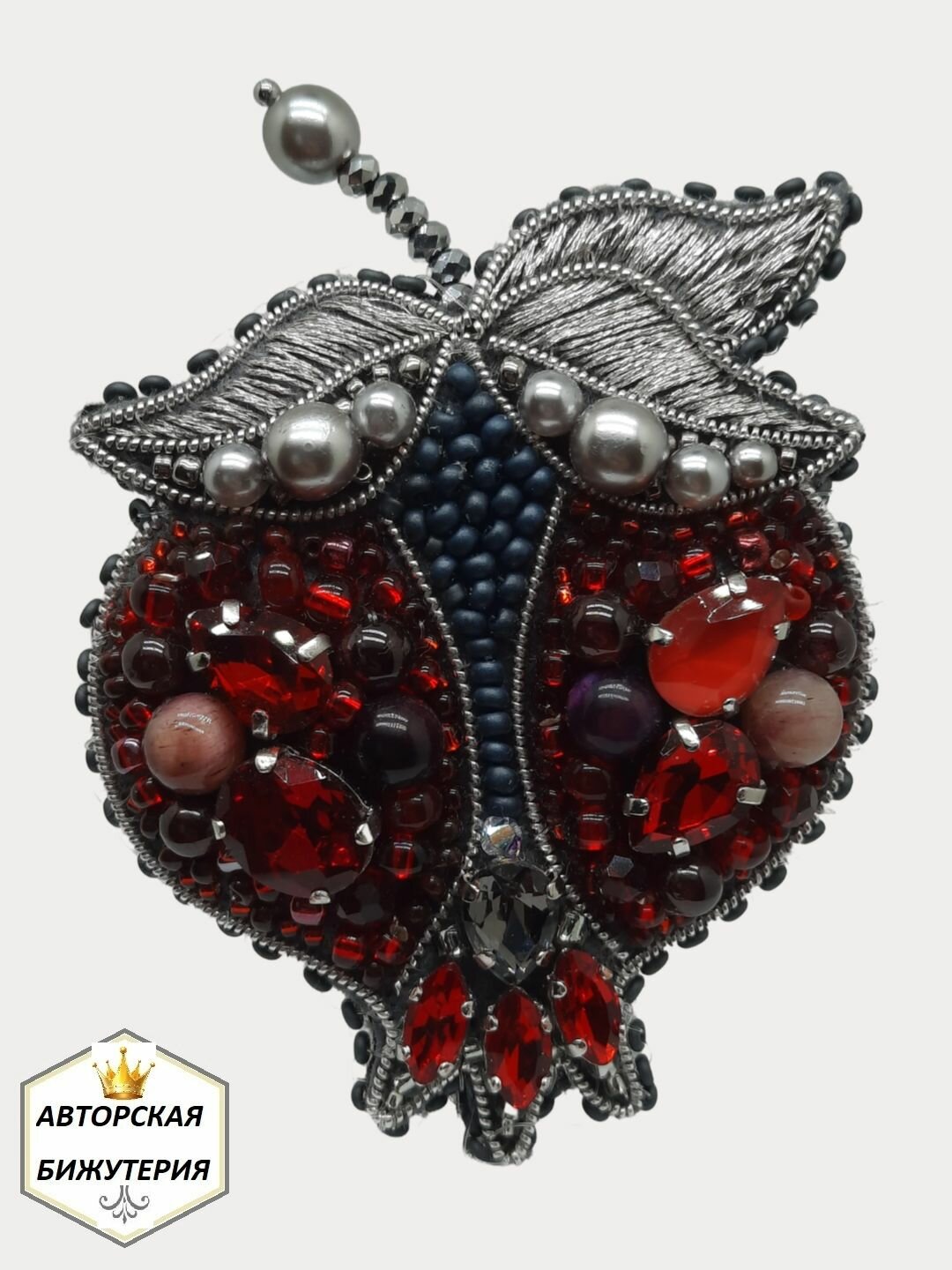 Брошь, стекло, гранат, бисер