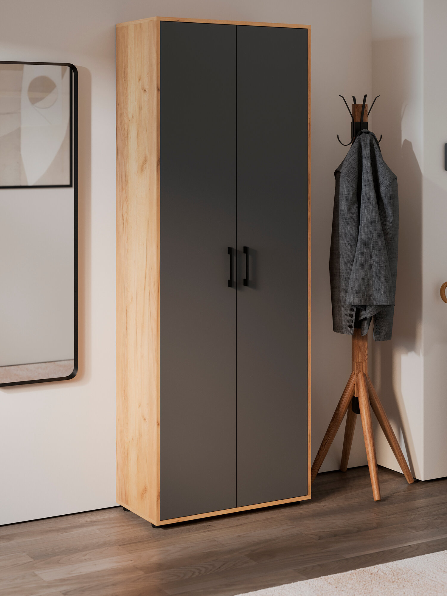 Шкаф распашной для одежды, Дуб крафт золотой/Антрацит, (ВхШхГ) 204х75х36 см, Витра