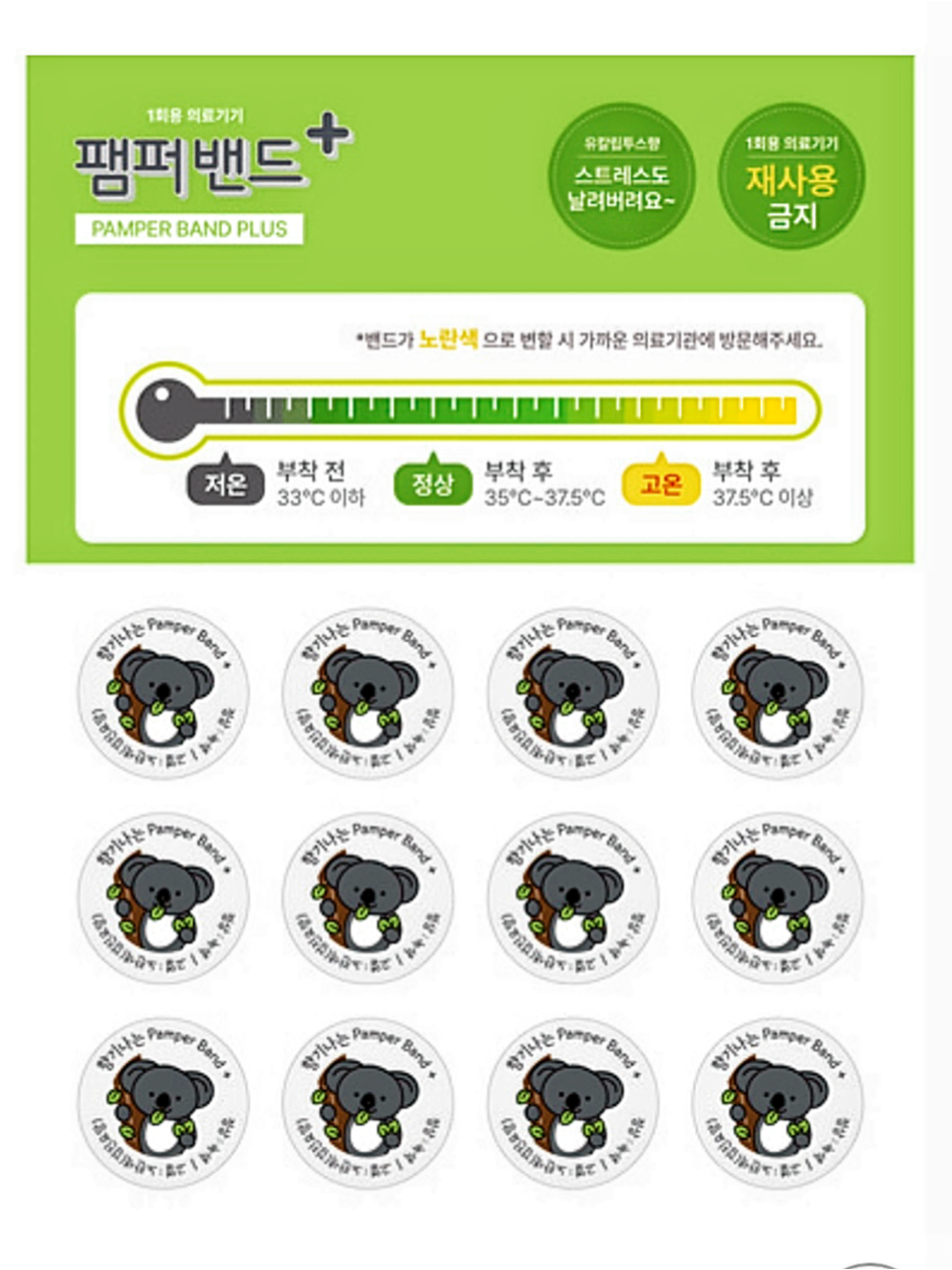 Безртутный термометр (стикеры) Pamper Band Plus с эвкалиптовым ароматом - индикаторы температуры тела для детей