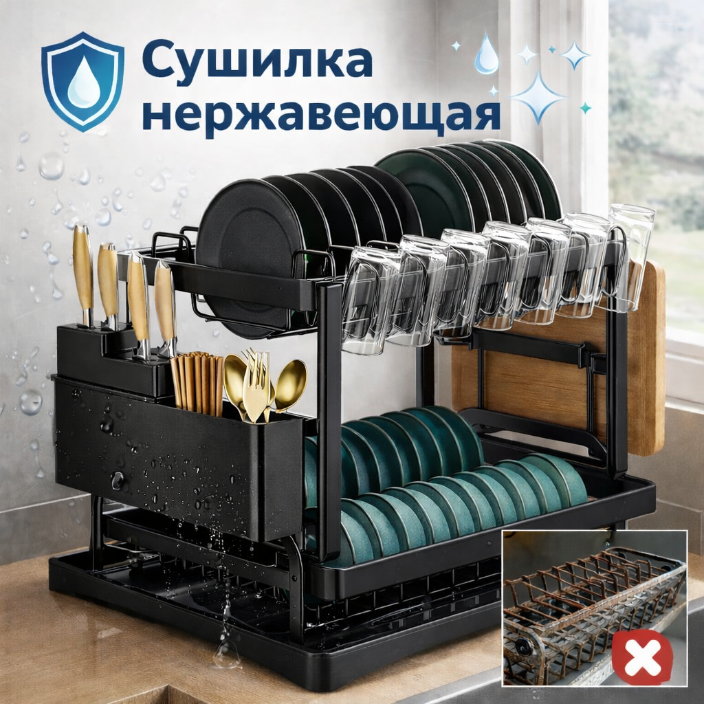 Сушилка для посуды металлическая двухъярусная с поддоном и держателем для приборов