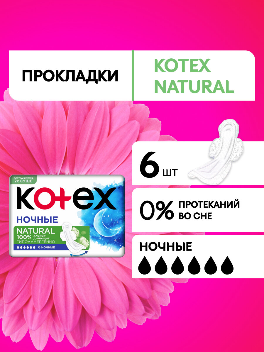 Прокладки женские ночные Kotex Natural, 6 шт