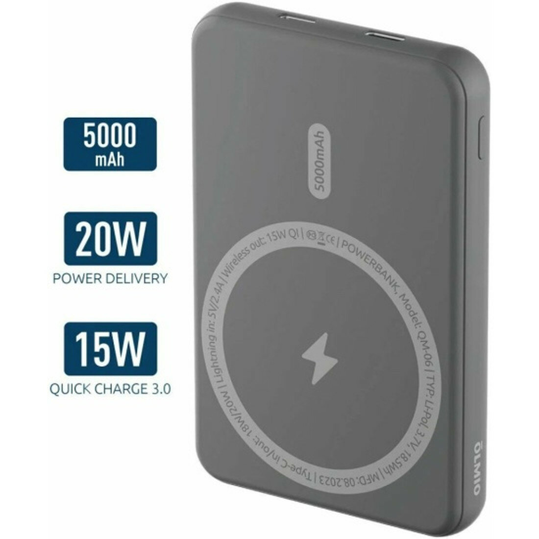 Внешний аккумулятор Olmio QM-06 MagSafe 5000 mAh 170 г серый