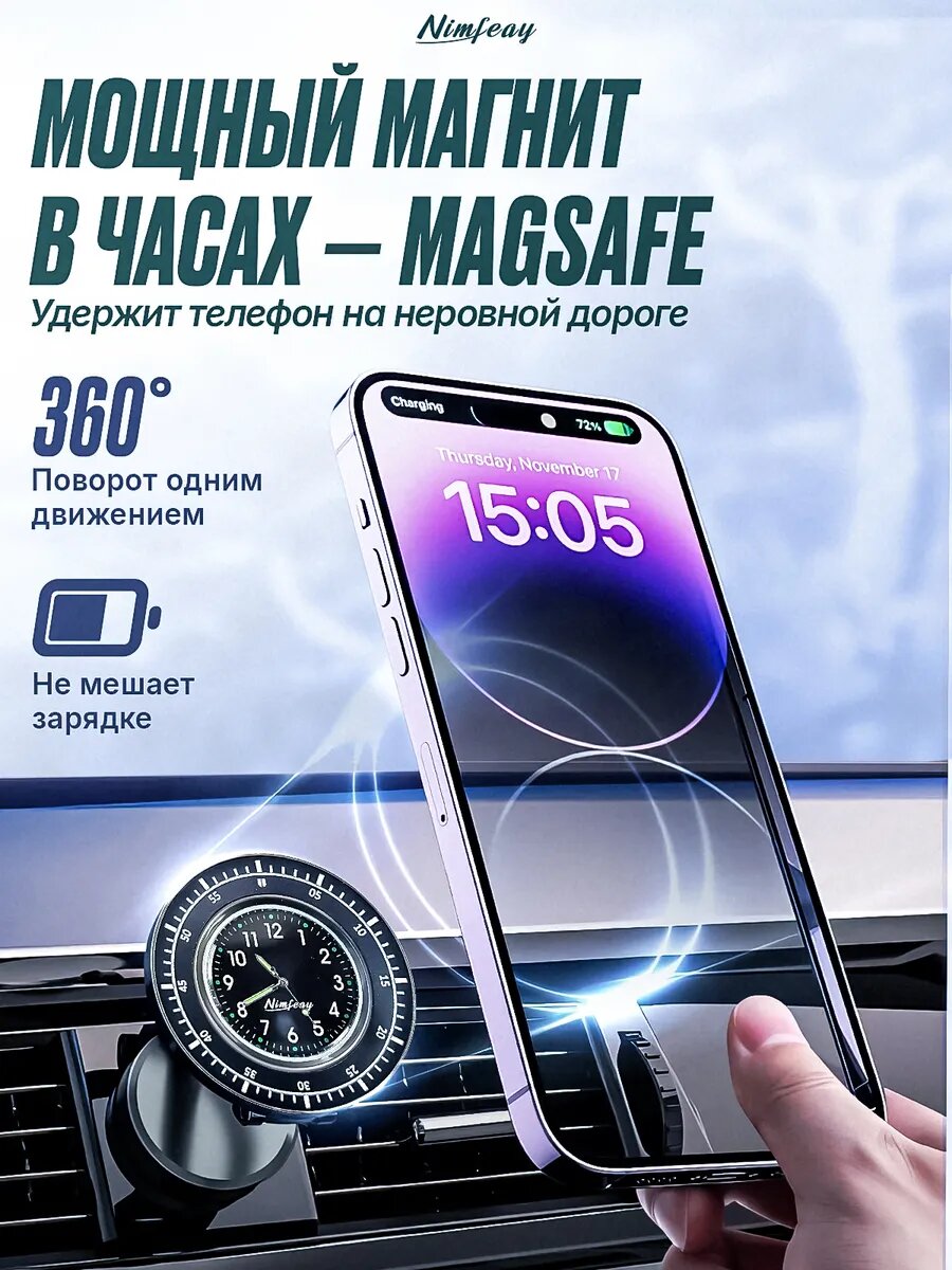 Автомобильный держатель для iPhone магнитный с часами — фото 1