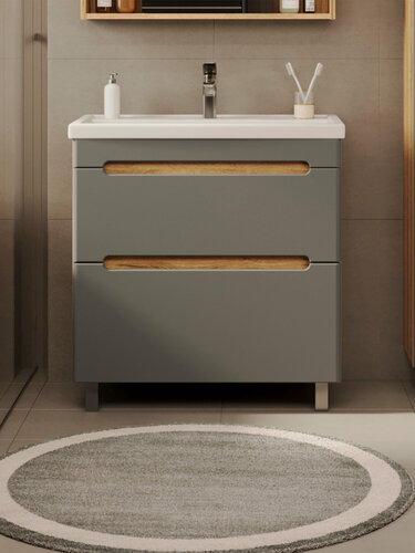 Изображение товара Тумба напольная Vannika Canto 70 с раковиной Фостер 70 для ванной комнаты, дуб вотан, графит софт