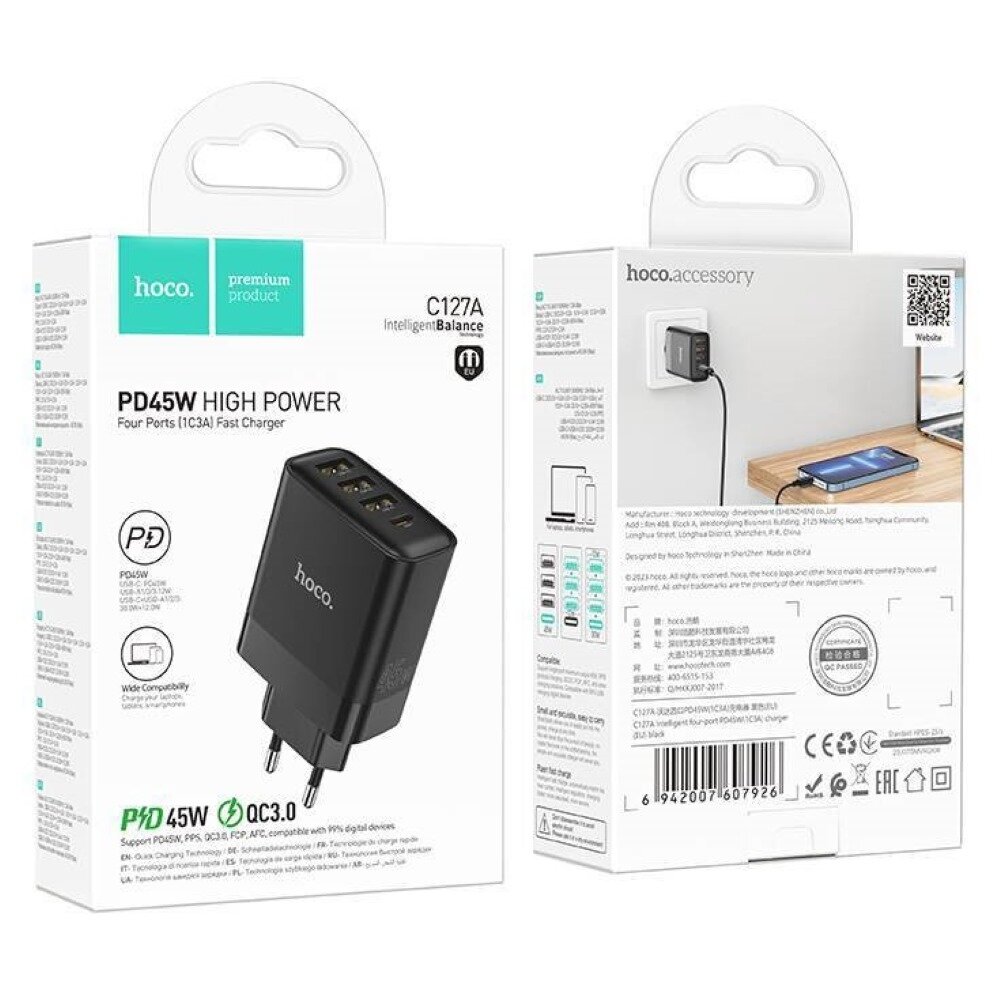 Сетевое зарядное устройство HOCO C127A Intelligent, 3 x USB-A, 1 x Type-C PD 45W, GaN (Черный)