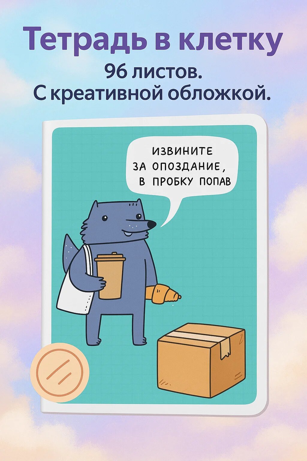 Тетрадь в клетку 96 листов с креативной обложкой «Извините за опоздание, в пробку попал»