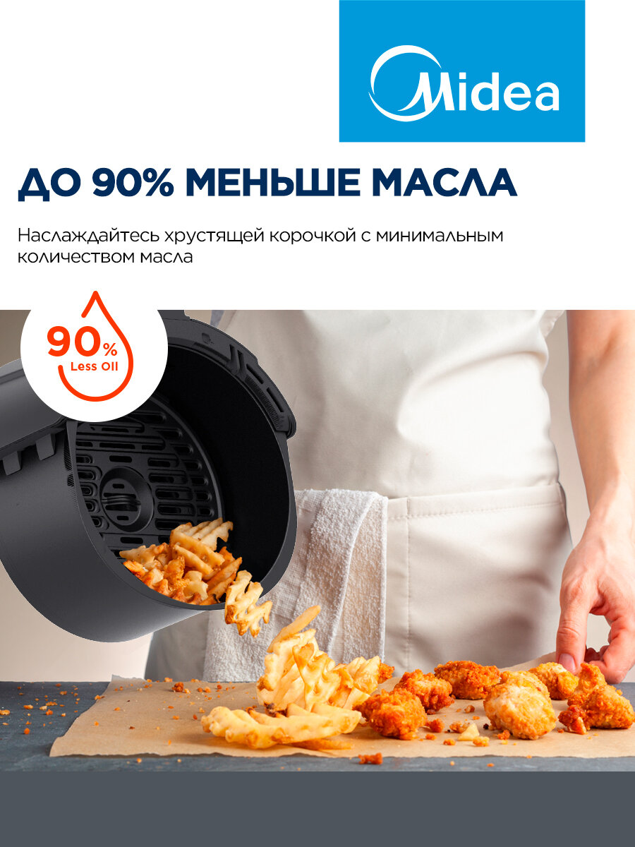 Аэрогриль Midea MAF-1040, 1500 Вт, 4 литра, сенсорное управление, 8 автоматических программ, черный — фото 1