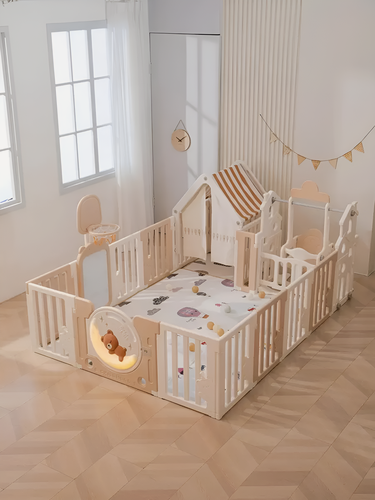 Изображение товара Большой детский игровой манеж, комплекс с качелями UNIX Kids DeLuxe House / Делюкс дом 150x180 из пластика, с игровым домиком, баскетбольной стойкой, доской для рисования, для дома и улицы, бежевый