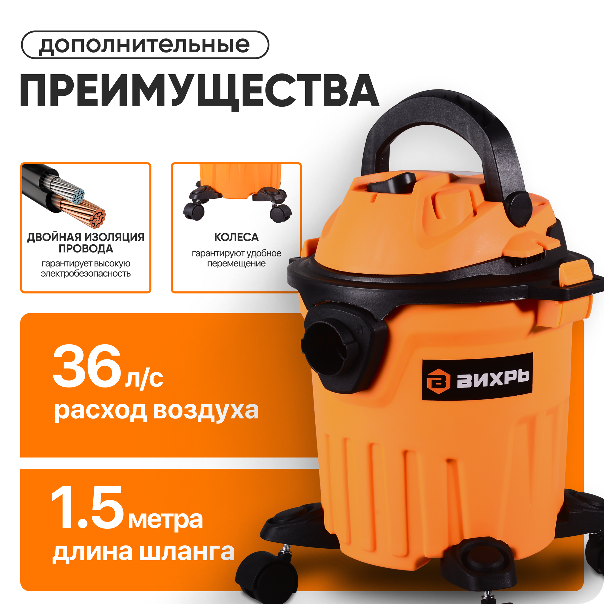 Пылесос строительный, для сухой и влажной уборки, 1400 Вт, Вихрь, СП-1400/15 — фото 1