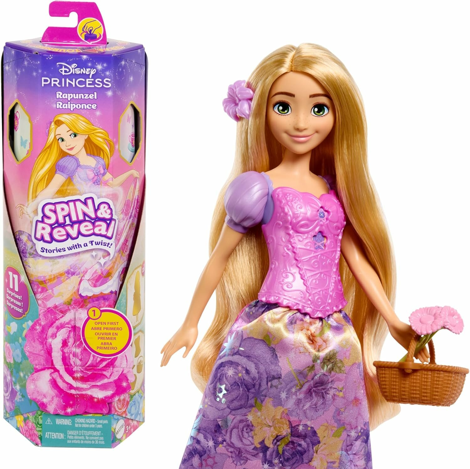 Кукла Mattel Disney Princess Рапунцель Spin & Reveal, 11 сюрпризов: аксессуары, наклейки, игровая сцена