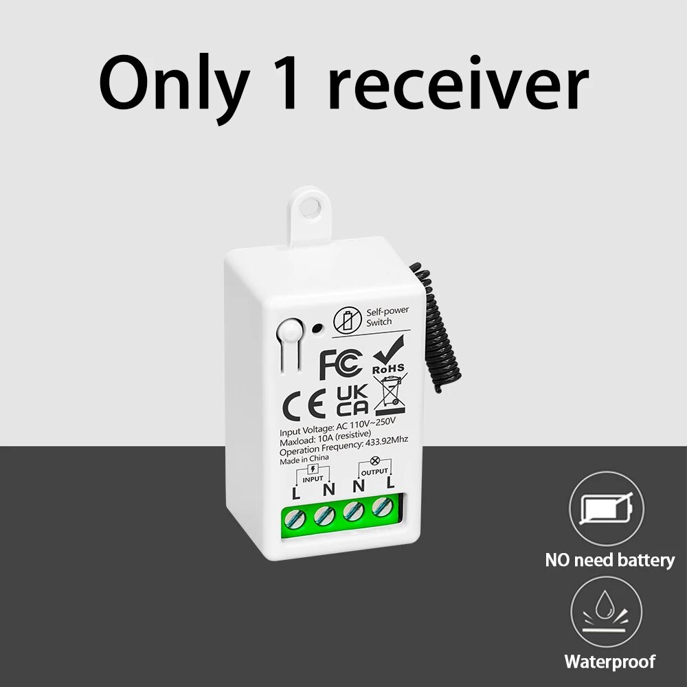 Беспроводной выключатель света, only 1 receiver, RF433 МГц, водонепроницаемый