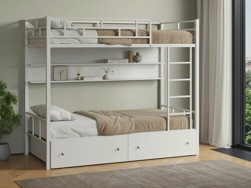 Изображение товара Двухъярусная кровать "Валенсия" Белая с ящиками и полками Белый