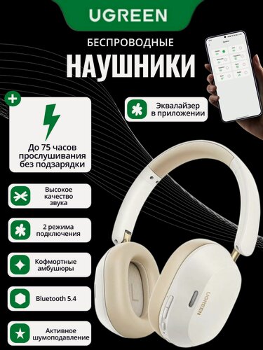 Изображение товара Наушники беспроводные UGREEN Studio Max5c полноразмерные наушники до 75 часов прослушивания музыки, белый