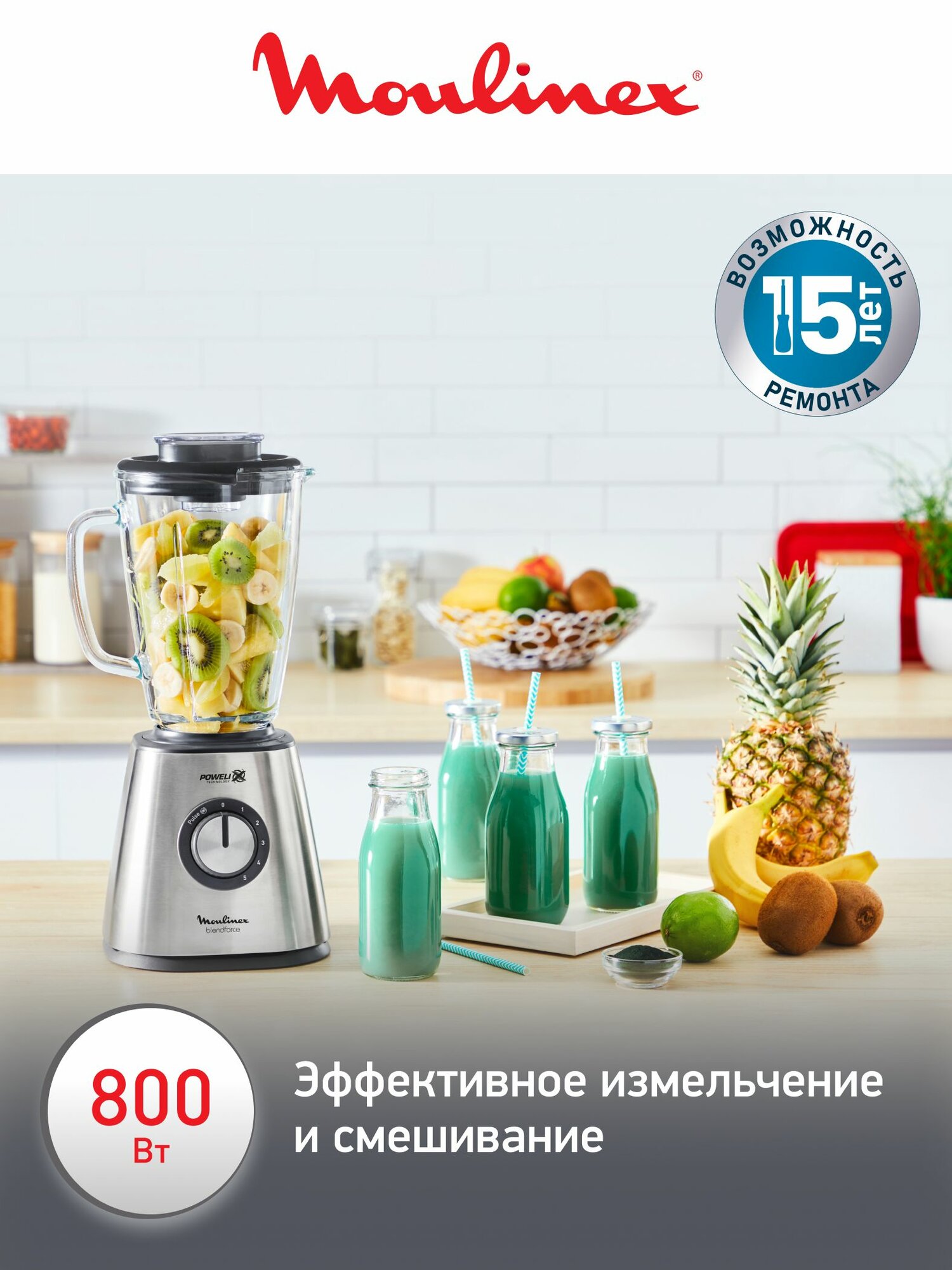 Блендер стационарный Moulinex Blendforce 2 LM439D10, серебристый, мощность 800 Вт, 5 скоростей, объем чаши 1.75 л, функция Pulse/Turbo — фото 1