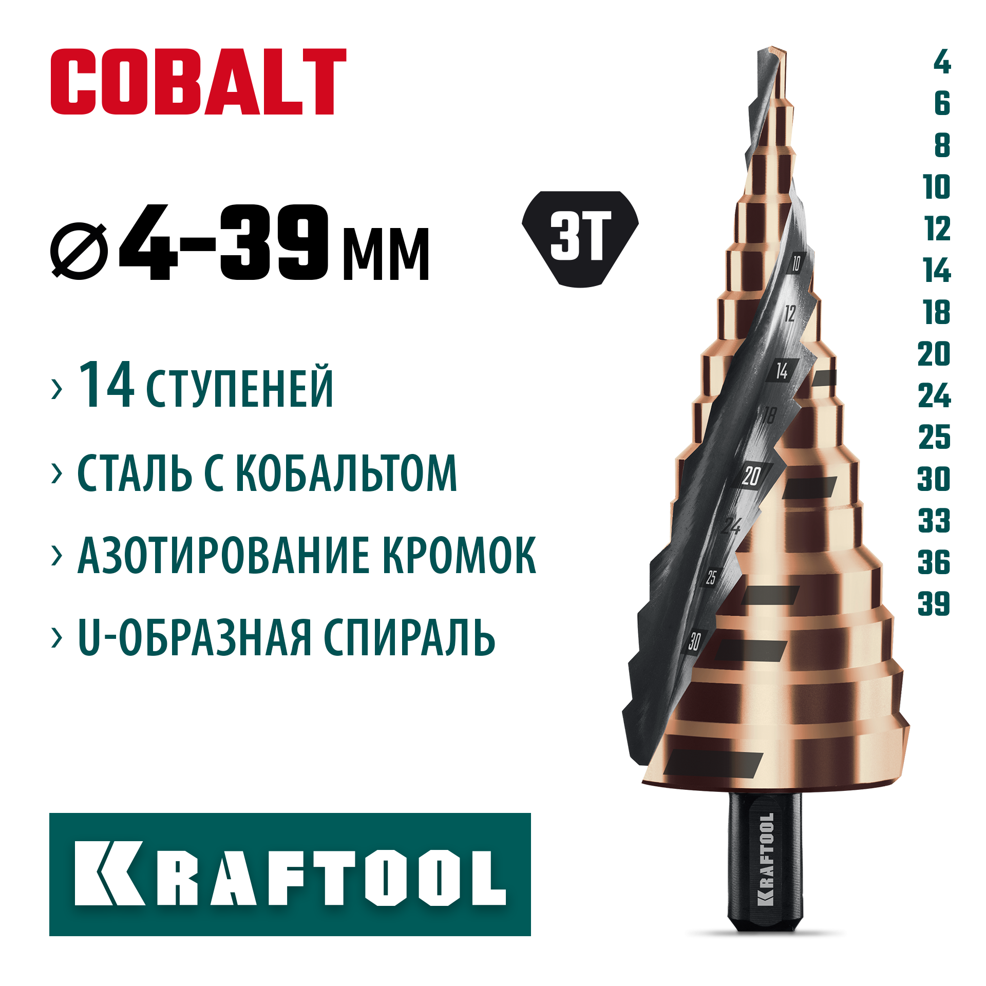 KRAFTOOL COBALT 4-39мм, 14 ступеней, азотирование, винтовая спираль, сверло ступенчатое (29691-4-39-14)