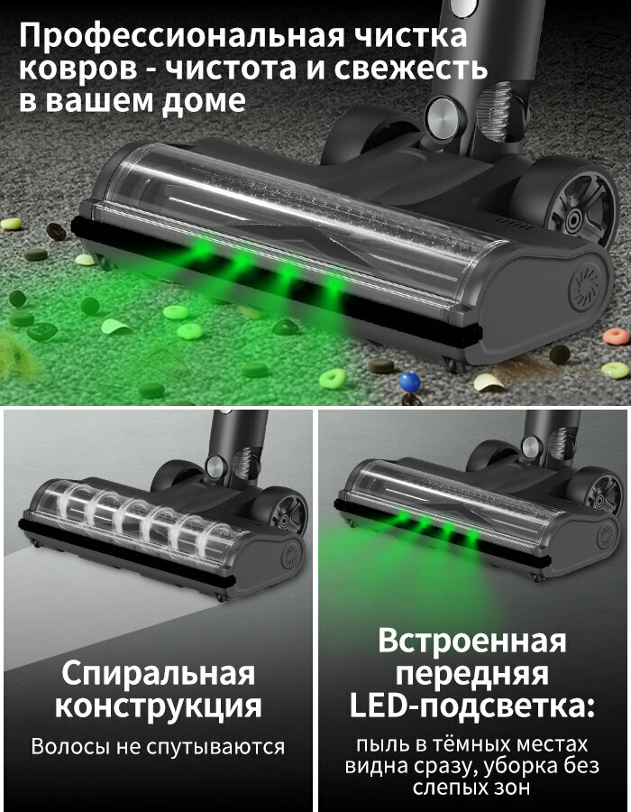 Беспроводной вертикальный пылесос для дома U30 черный 40000PA 400 Вт 60 мин работы для сухоы уборки 3 в 1 — ракурс 4