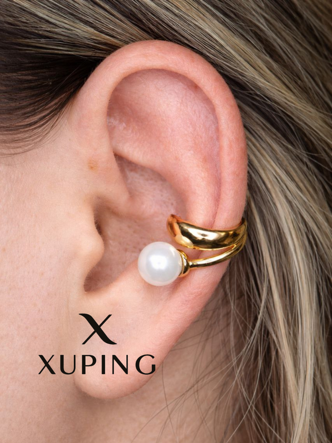 Серьги каффы, фианит, жемчуг Swarovski синтетический