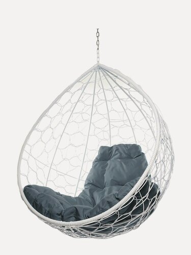 Изображение товара Подвесное кресло капля (без стойки), с ротангом белое, серая подушка