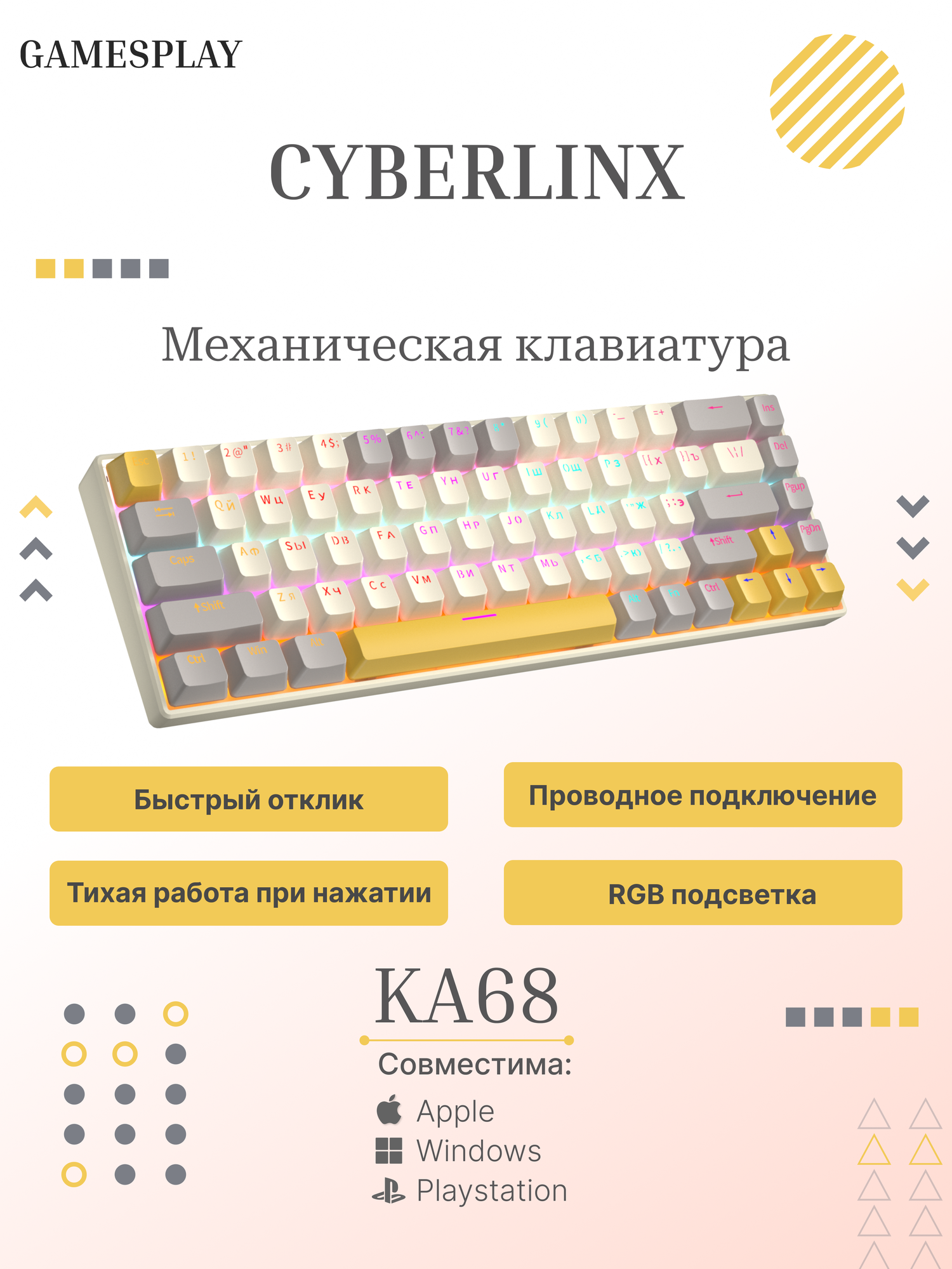 Клавиатура механическая(60%) Cyberlynx с подсветкой, русская раскладка