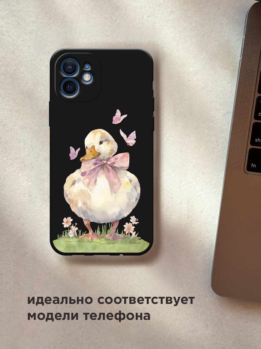 Черный матовый чехол на Apple iPhone 12 mini / Айфон 12 Мини с принтом "Гусыня с бантиком" — фото 1