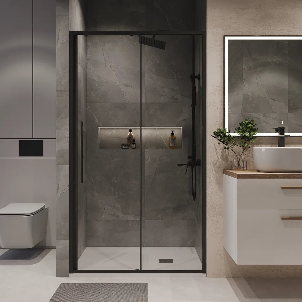 Душевая дверь в нишу Niagara Nova NG-84-13AB стеклянная раздвижная 130 см с черным профилем одностворчатая угловая