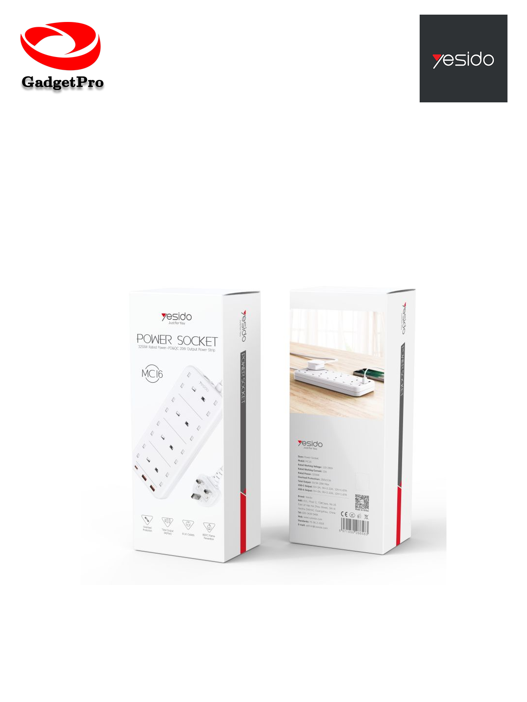 Сетевой фильтр Yesido MC16: удлинитель с розетками, PD 65W, QC 3.0 20W, 3250W - надежный и современный